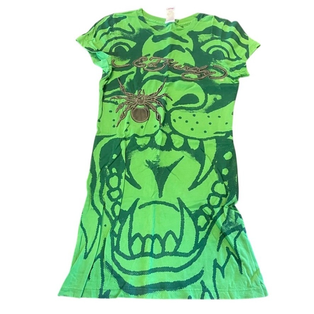Ed Hardy Christian Audigier Green Graphic Spider Embroidered Tunic Mini Dress